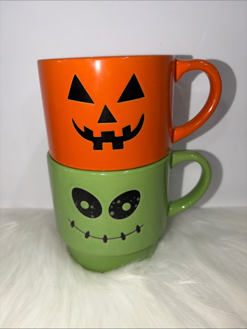 Fun Stackable Orange and Green Halloween Ceramic Mug Set